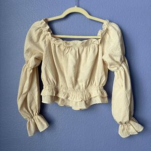 Women's Kawaii Off Shoulder Frill Trim Flounce Sleeve Ruffle Hem Crop Blouse M